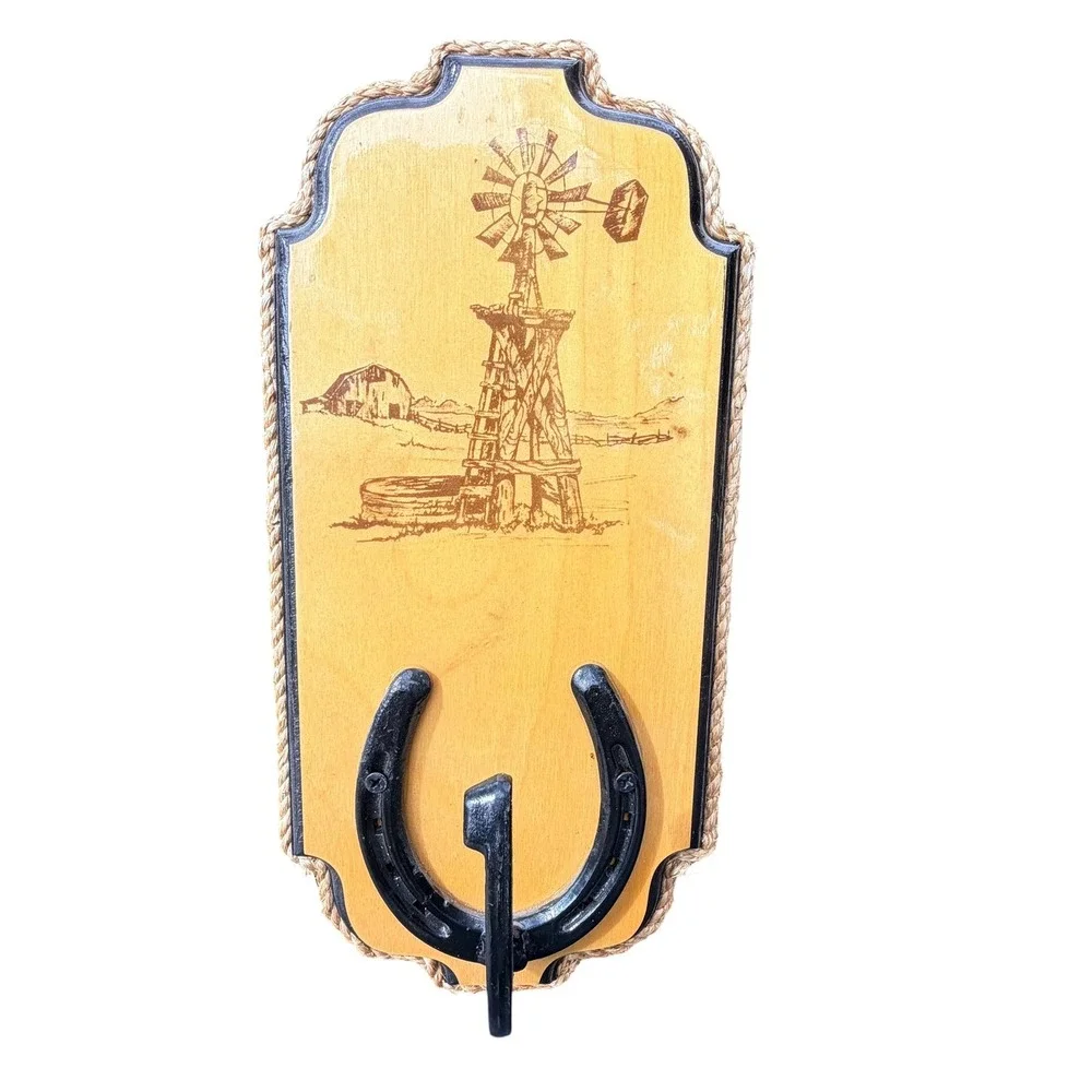 Western Wood Wall Plaque Windmill Horseshoe Hook Rustic Farmhouse Decor 13.5in